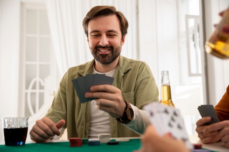 Antarmuka pemain Three Card Poker dengan opsi taruhan